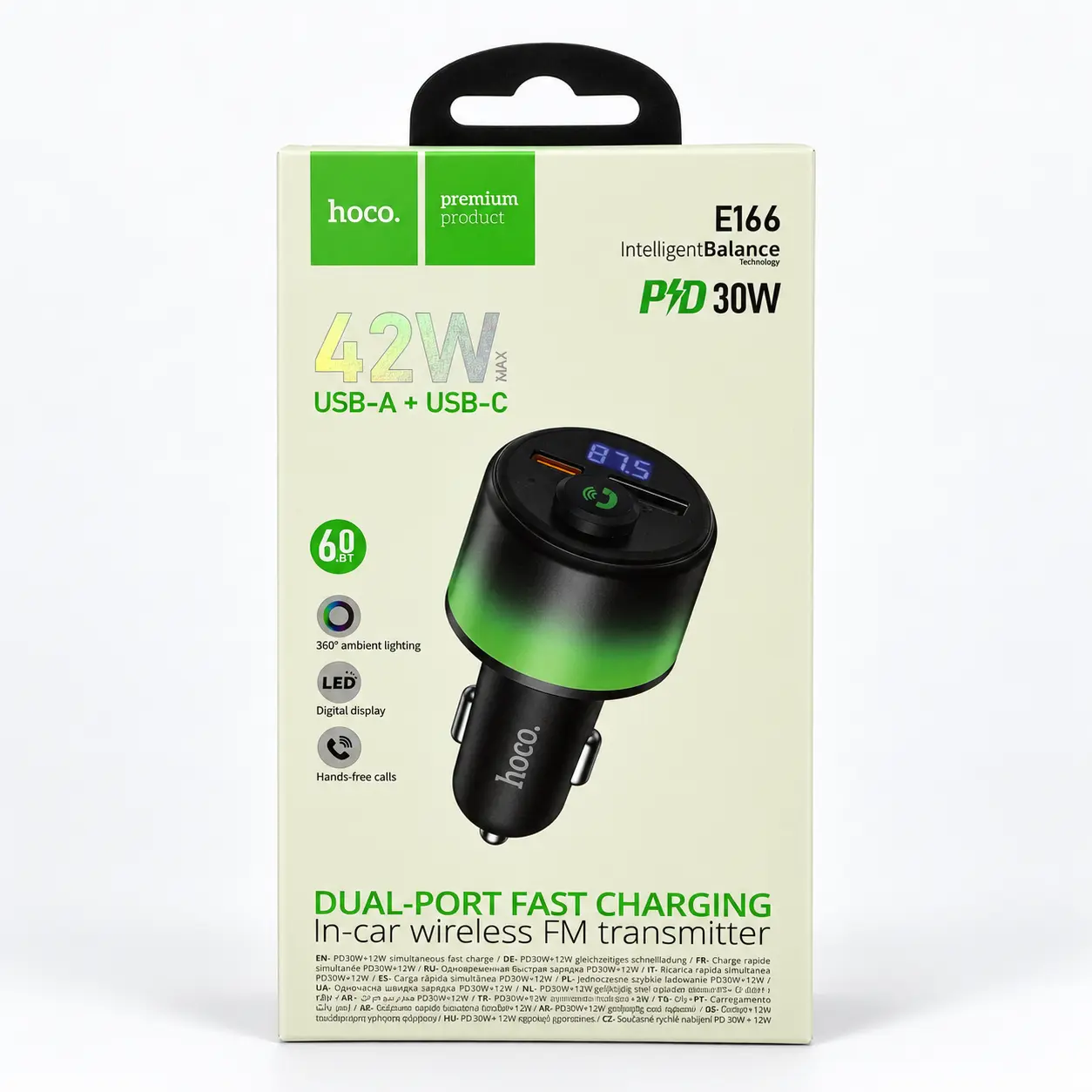Hoco E166 42W dual-port in-car wireless FM transmitter retail box