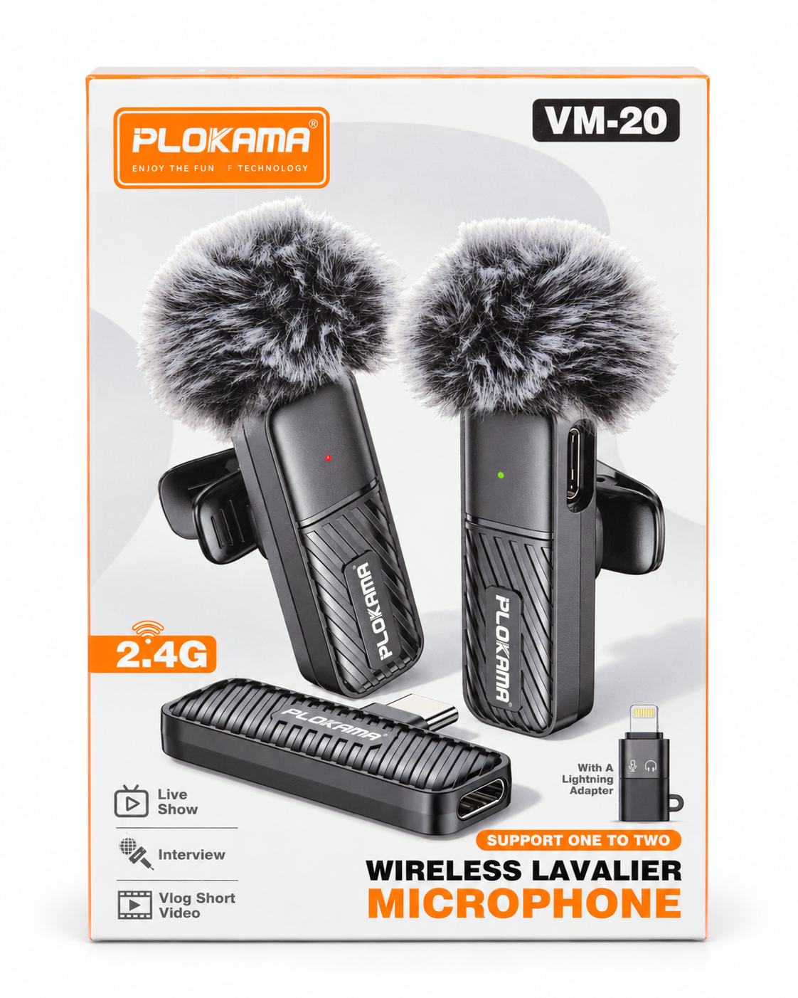 PLOKAMA VM-20 dual wireless lavalier microphone kit with windshields and Lightning adapter in its retail box