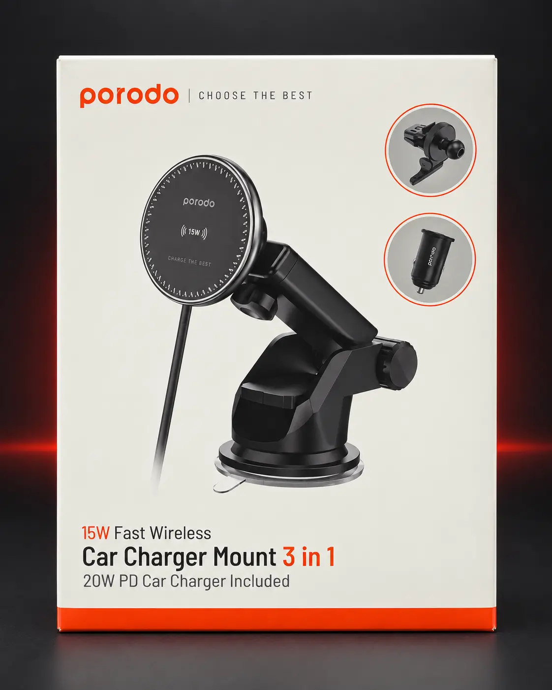 Porodo 15W Fast Wireless Car Charger Mount 3 in 1